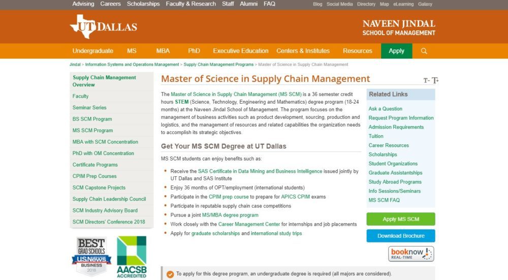 University of Texas at Dallas, Master of Science in Supply Chain 